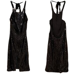 NWT Fame & Partners Black Sequin Halter Backless Sheath Dress Size 6 Cocktail